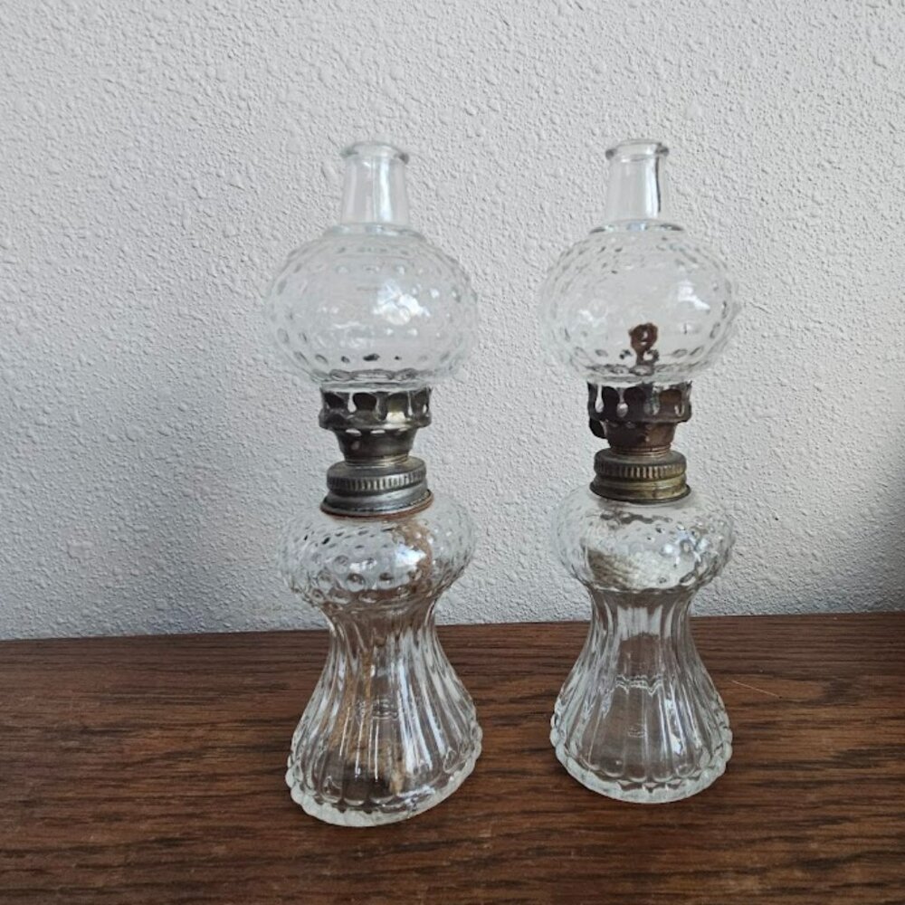 Set of Vintage Small Hobnail Glass Oil Lamps